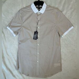 NEW MICHAEL KORS “Resort” Button Up Short Sleeve Tan & White Gingham Shirt NWT